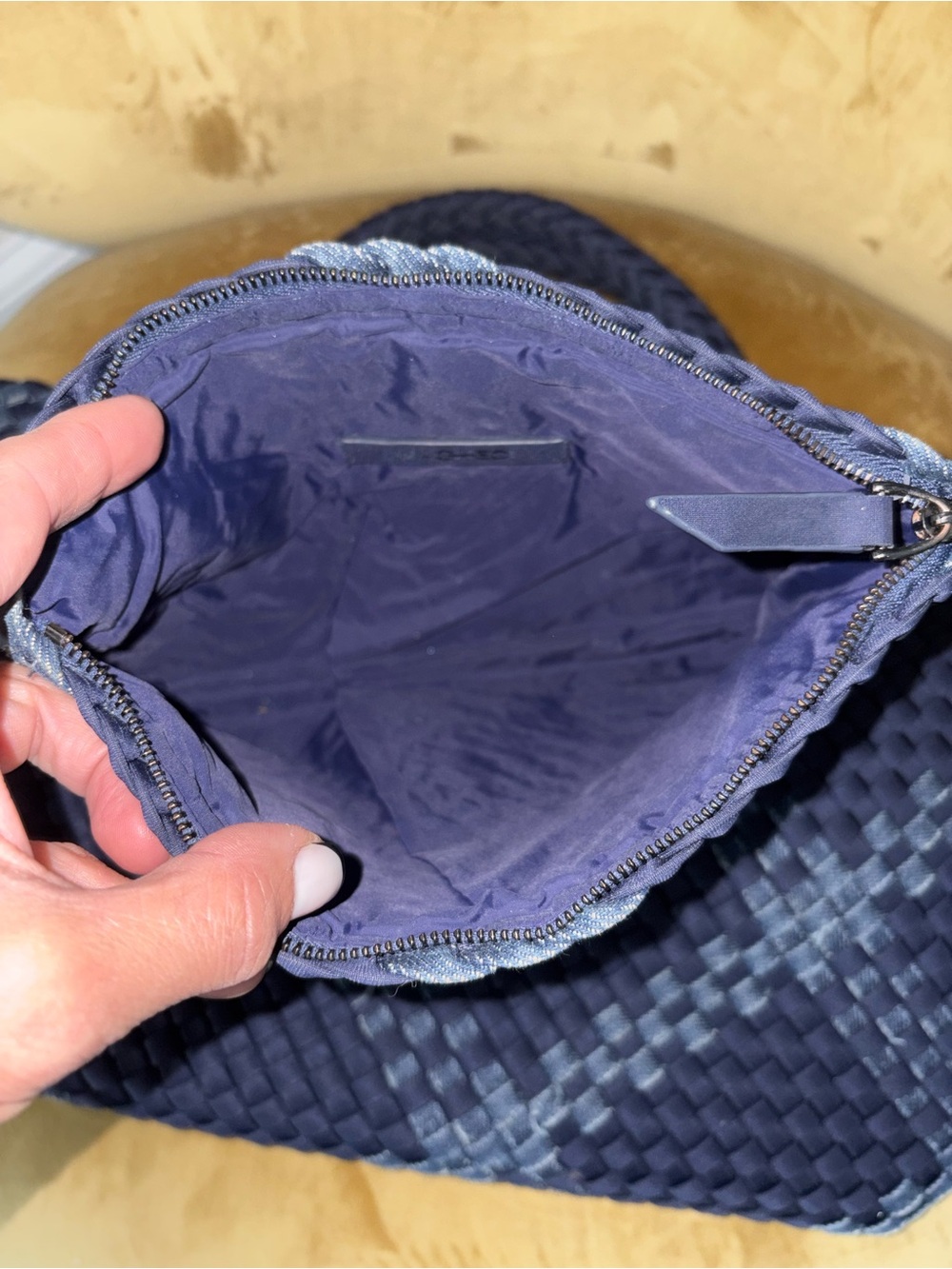 Naghedi Navy Woven Tote with Faded Plaid Detail - Picture 6 of 11